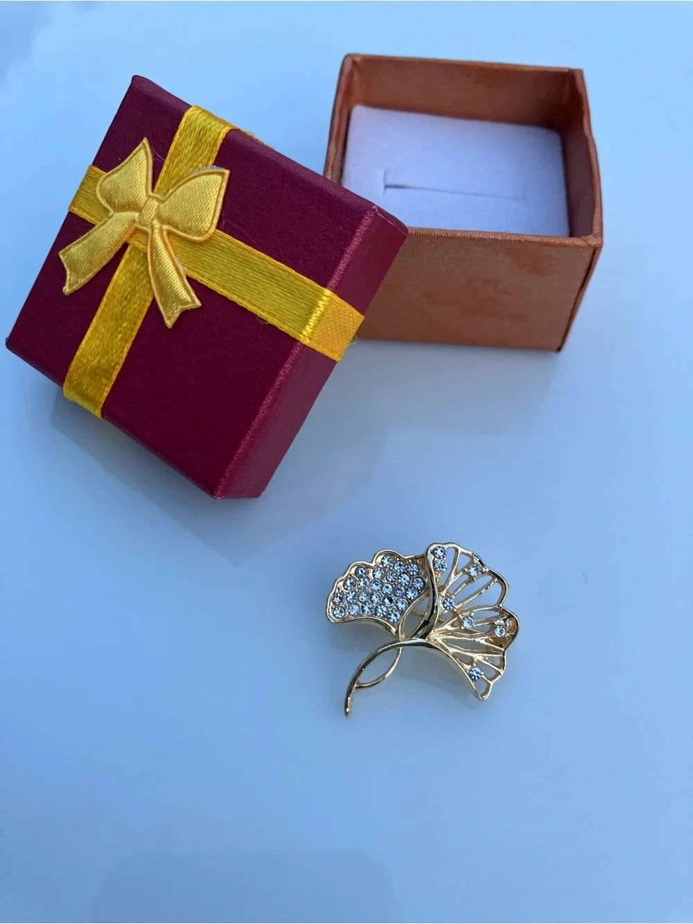Gold Crystal Ginkgo Leaf Brooch - Elegant Women's Pin INCLUDES GIFT BOX